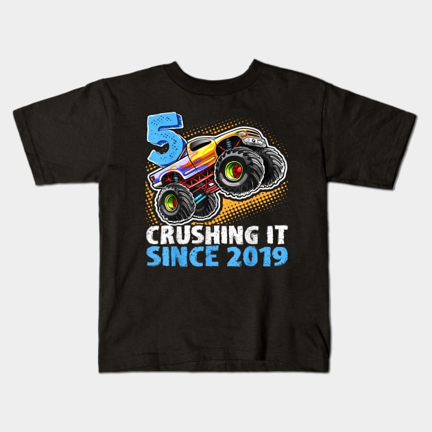 Monster Truck 5 Year Old Boys 5th Birthday Party Born 2019 Kids T-Shirt by elmiragokoryan